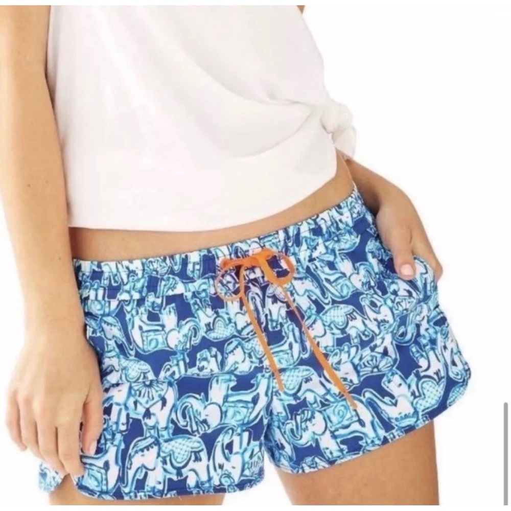 Lilly Pulitzer Elephant Paws Board Shorts Blue White Neon Drawstring Small